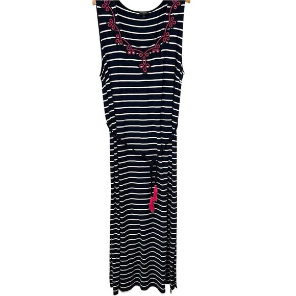 Talbots | Maxi Dress Navy Striped Sleeveless Pink Trim Stretch- Size 3X - Picture 1 of 7